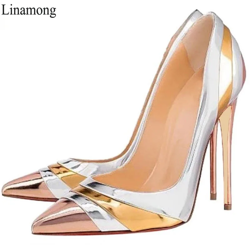 

Glitter Silver Gold Patchwork Straps High Heels Pumps 12/10/8 cm Evening Party Women Pointed toe Stiletto Heels Slip On Shoes