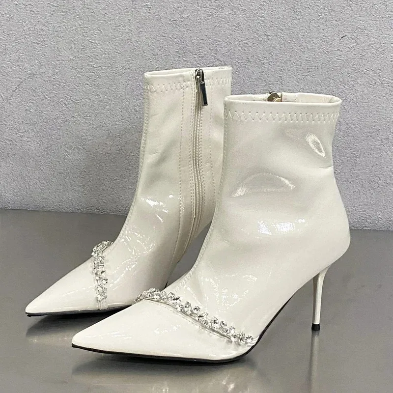 High End Women's Shoes Fashion Rhinestone Women Ankle Boots Design Crystal Diamond Pointed Toe Women High Heels Sapato Feminino