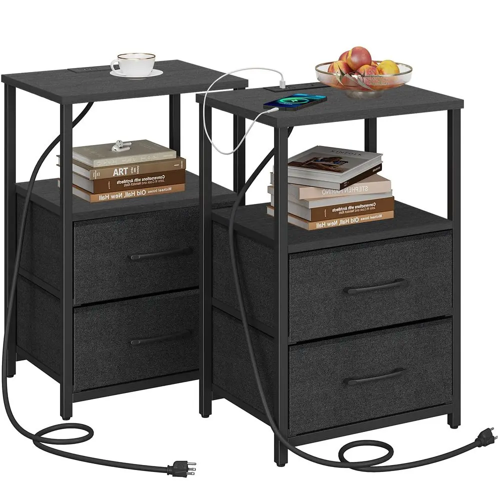 

End Table with Charging Station, Side Table with 2 USB Ports and Outlets, Nightstand with Cloth Drawer, Set of 2, Couch Table,