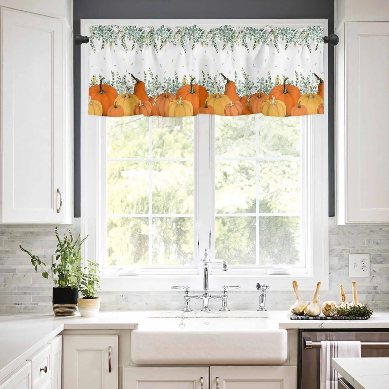 

1PCS Kitchen Short Curtain Valance Vintage Orange Eucalyptus Leaf Pumpkin Rod Pocket Window Home Decoration