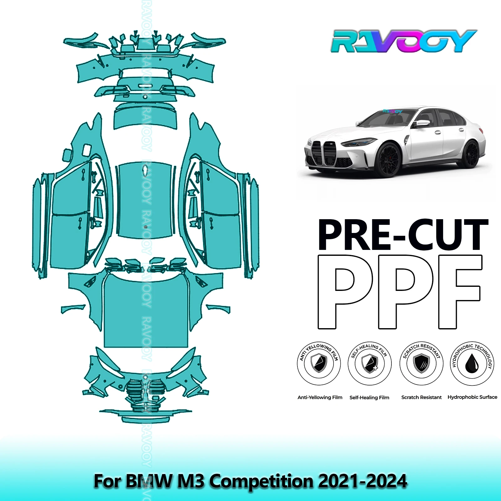 RAVOOY Custom-Fit Precut TPU PPF Full Vehicle Clear Bra Stone Guard EU UK For BMW M3 Competition 2021-2024