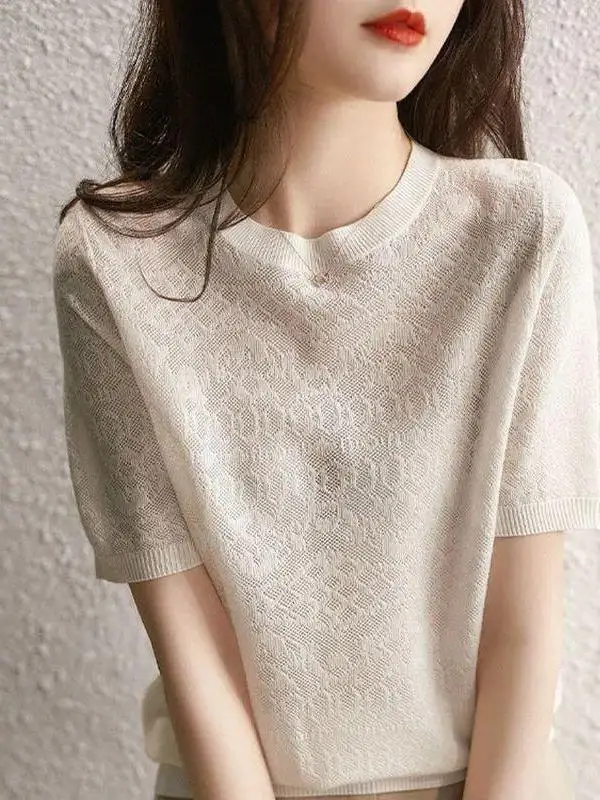 

Korean Style round Neck Short Sleeve Knitwear Casual Loose Women's T-Shirt Sweet And Versatile Summer Top Fashionable And Sli...