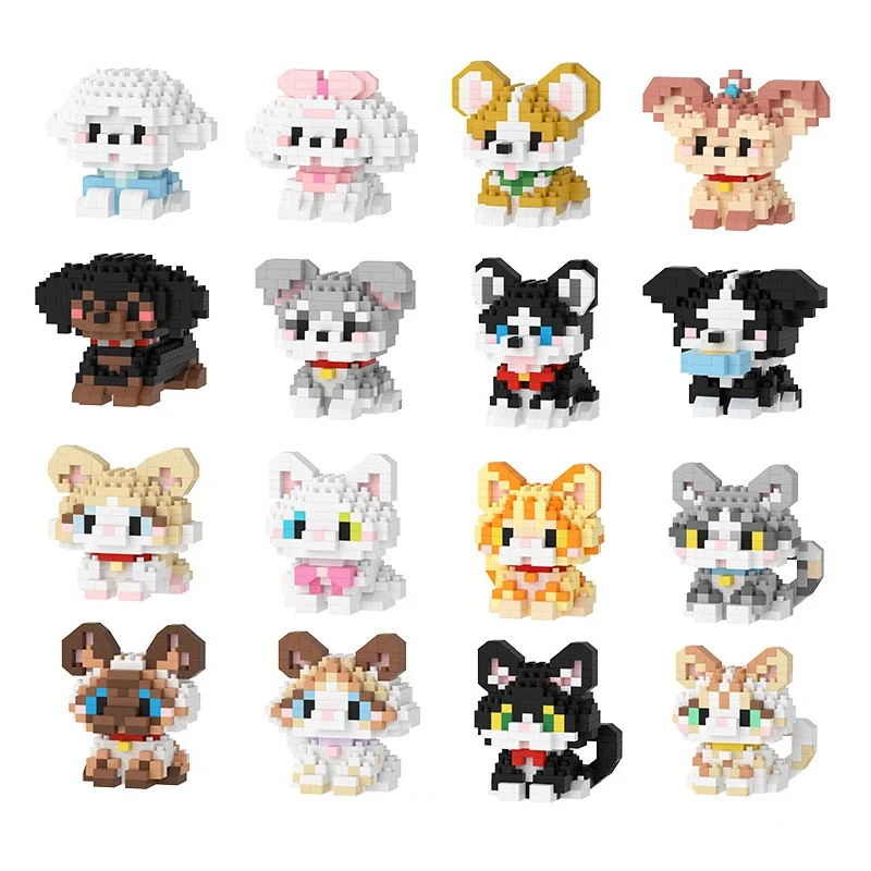 

Kawaii Siamese Ocelot Ragdoll Pet Mini Building Blocks Sets Cat Dog 3D Model Husky Collie Brick Toys Schnauzer For Kids Gift