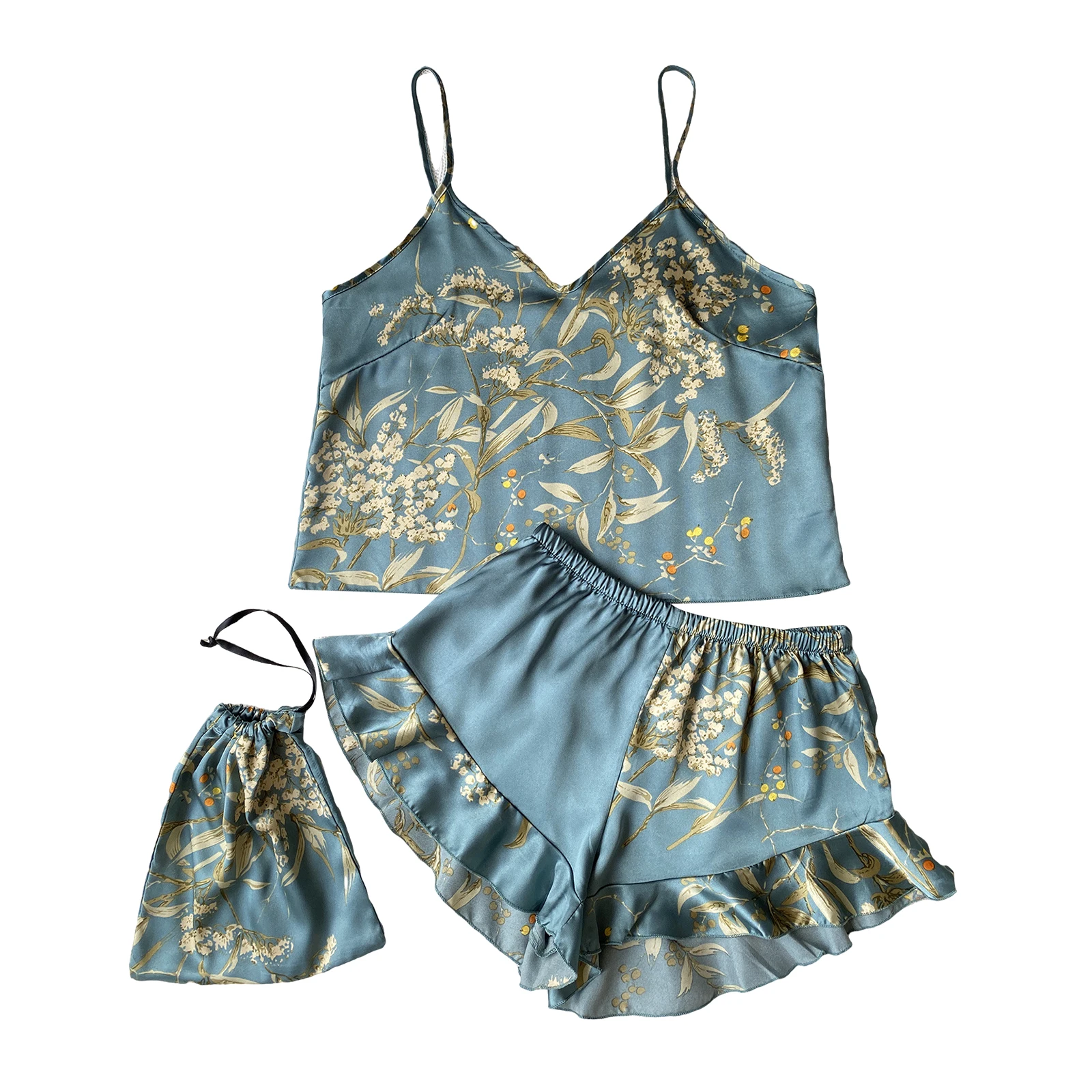 

Women's 2 Piece Pajamas Set Soft Floral Print Crop Cami Tops + Shorts Set Silk Sleepwear