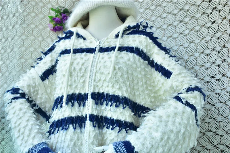 1.3KG Women Oversized Mohair Blend Hooded Zip-Up Cardigan Blue White Striped Fluffy Knit Coat Fuzzy Knit Hoodie Sweater Jacket view 2