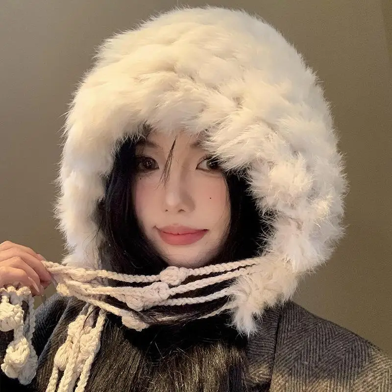 أفخم قبعة بالاكلافا فرو الأرنب الصناعي محبوك قبعة صغيرة شتاء دافئ الرباط بونيه في الهواء الطلق يندبروف إيرفلاب قبعة باردة