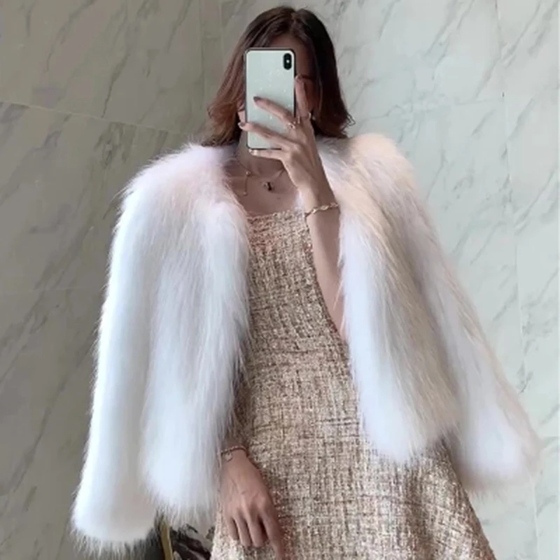 

White Fluffy Faux Fox Jacket Women Thick Warm Long Sleeve Faux Fur Coat Elegant Korean Casual Commuter Office Lady Outwear