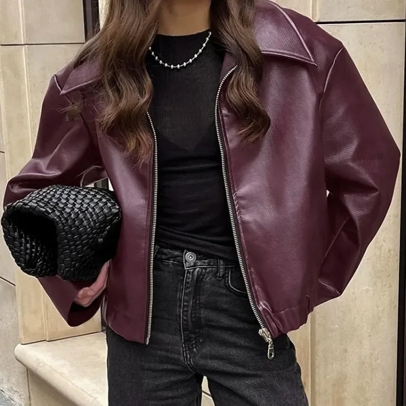 Veste de moto en cuir rouge conventionnels pour femme, manteau élégant, mode de rue, automne et hiver, nouveau haut, 2024