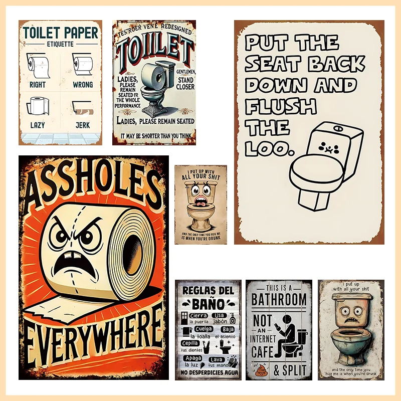 Funny Bathroom Rules Poster Metal Tin Sign Put The Seat Back Flush The Loo Wall Art Decor Restroom Humor Plaque Home Accessories
