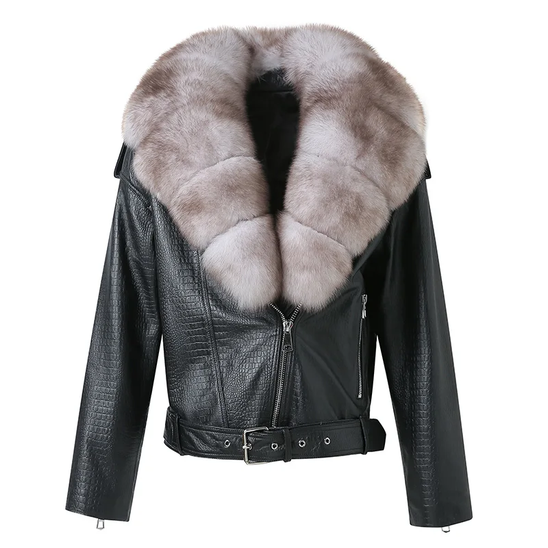 

Spring Lady Genuine Sheepskin Leather Jacket Natural Fox Fur Collar Biker Coat Detachable Collar Full Sleeve Women S5396