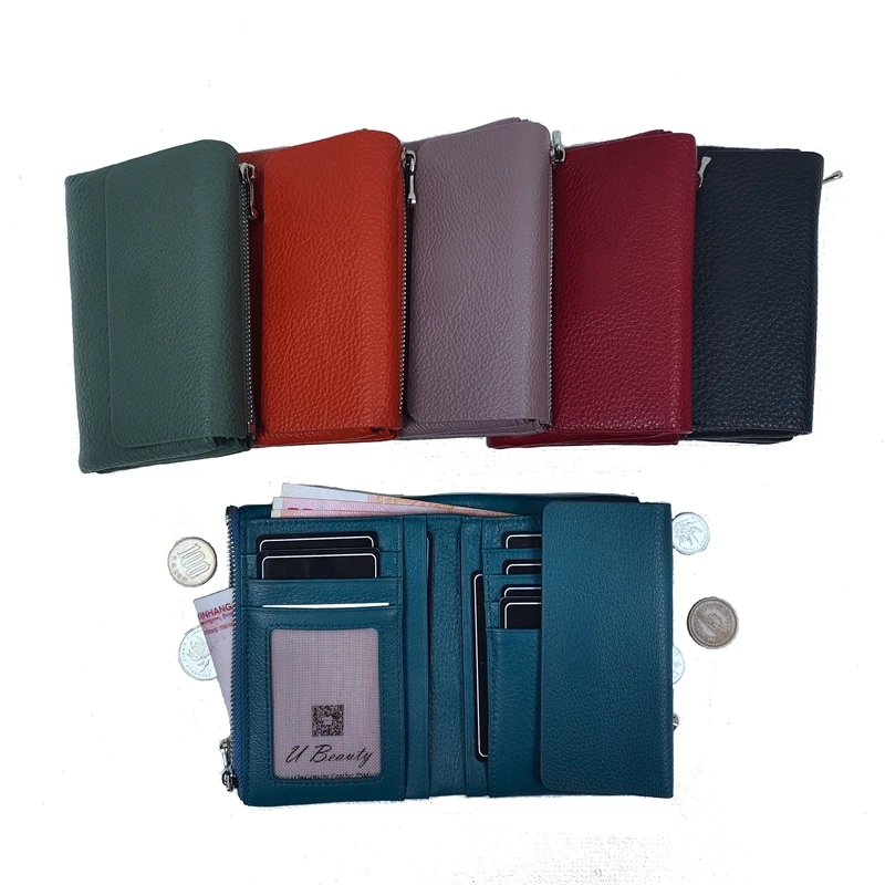 Ladies Soft Genuine Cow Leather Short Zipper Wallet 100% Cowhide Women Casual Tri Fold Coin Purse Card Holder Women's Purses
