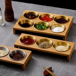 Wooden Condiment Set, 304 Stainless Steel Dip Bowls, on Bamboo Raised Display Serving Tray