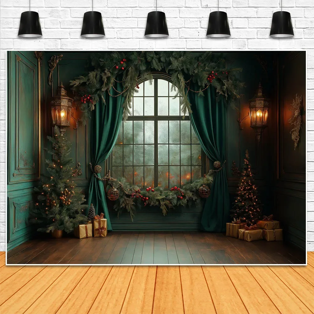 Mocsicka Photography Background Christmas Interior Decoration Dark Green Wall Window Xmas Tree Backdrop Studio Photo Shoot Props