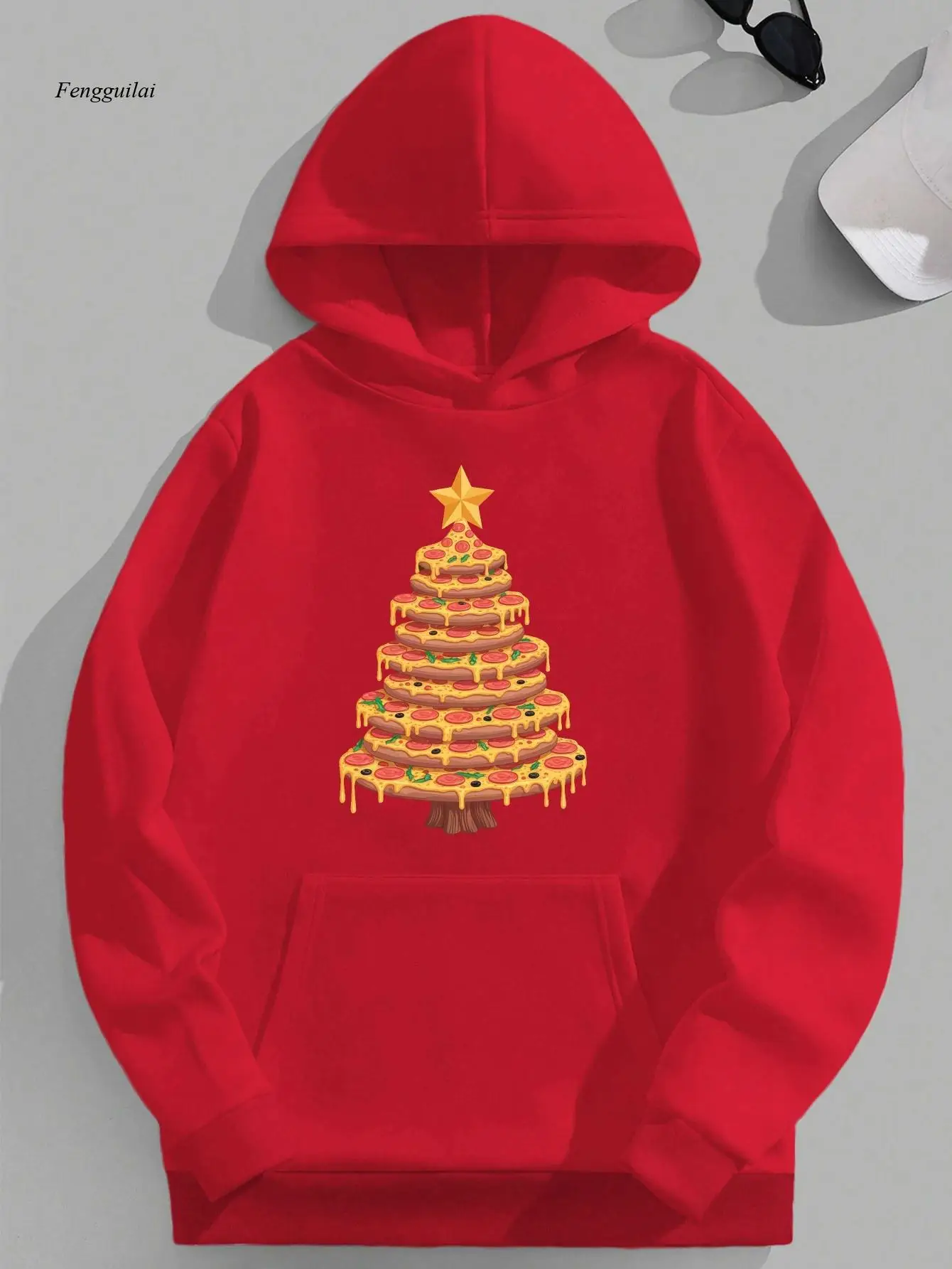 بلوفر بقلنسوة لعيد الميلاد بنمط شجرة البيتزا، هوديي فضفاض، مناسب لحفلات العطلات والارتداء الكاجوال #2