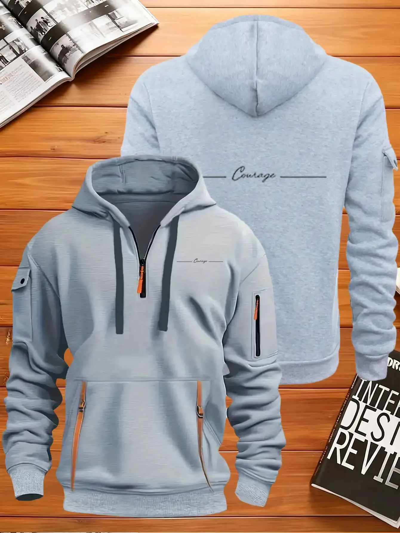 Multi pocket zipper long sleeved men's and women's spring and autumn hoodie, artistic signature style COURAGE English print