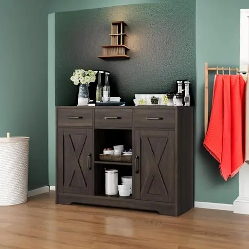 Modern Farmhouse Buffet Storage Cabinet with Barn Doors Sideboard with Drawers and Shelves