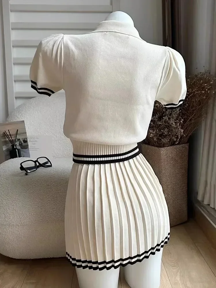 Pretty Style Summer Women Casual 2 Piece Sets Korean Short Sleeve Striped Knitted Cardigan Top + Mini Pleated Skirt Sets Outfits