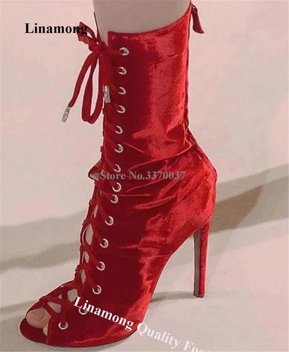 

Linamong Red Velvet Thin Heel Short Boots Peep Toe Lace-up Slim Stiletto Heel Ankle Booties Party Dress Pumps Big Size