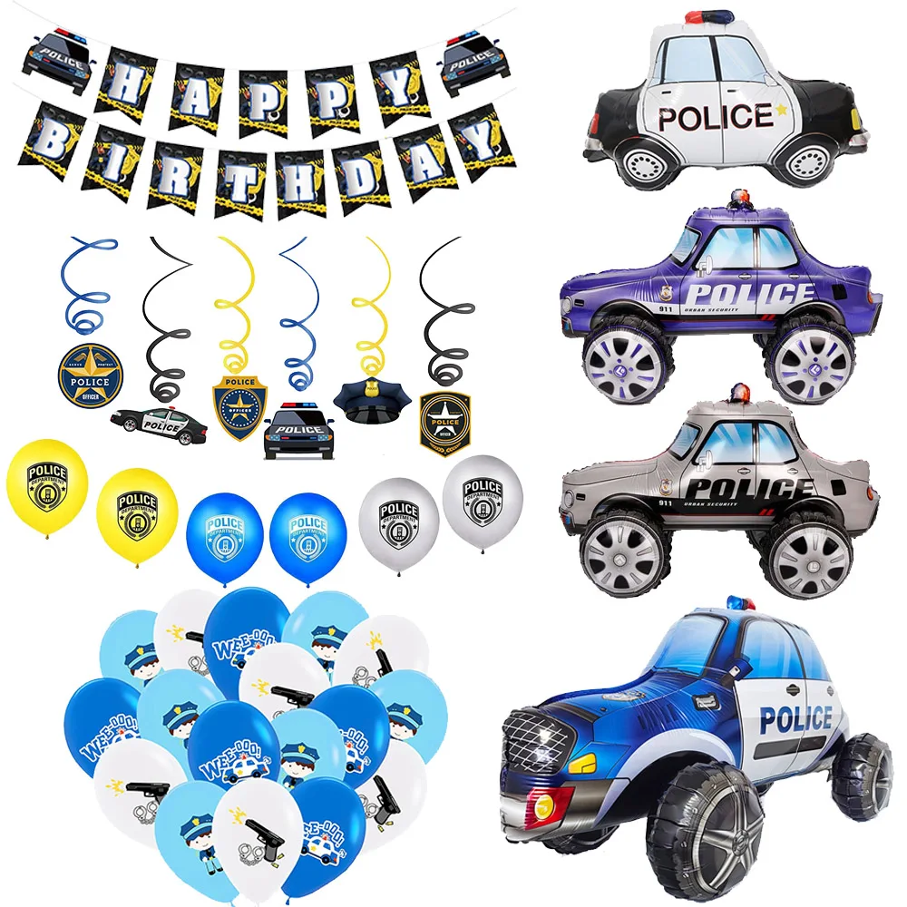 Police Theme Kids Boys Birthday Party Decoration Supplies Gun Policeman Pattern Balloons Car Banner Hanging Decoration