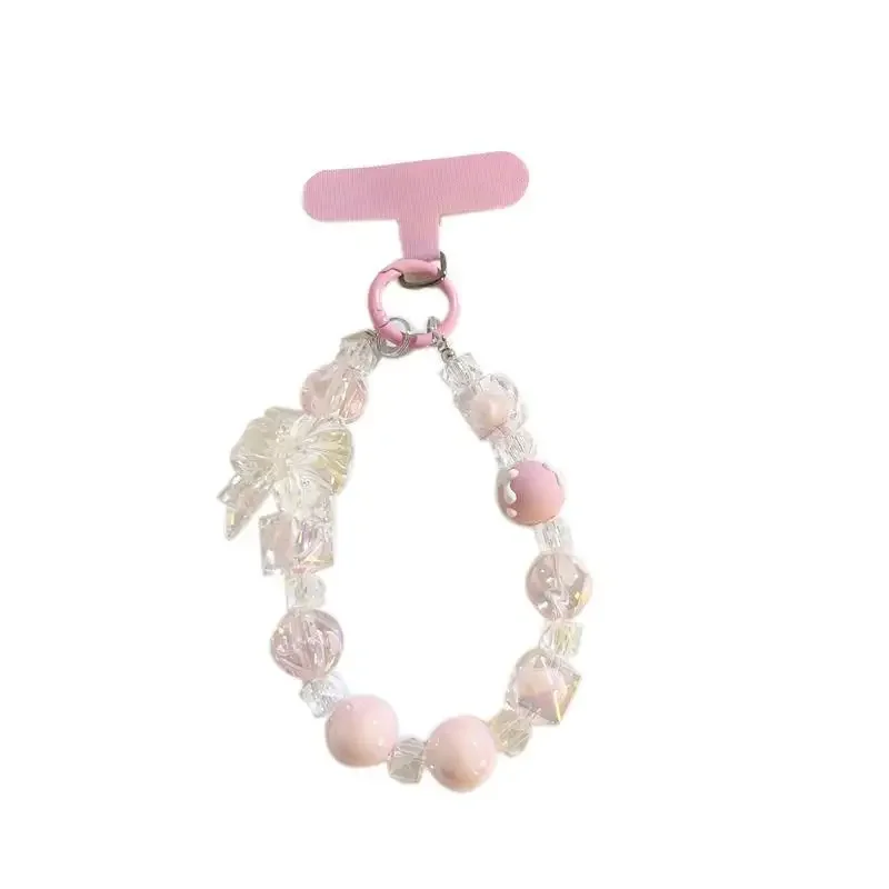 Japan and South Korea gentle pink bow big bead bracelet mobile phone shell girlhood hand chain beaded mobile phone chain lanyard