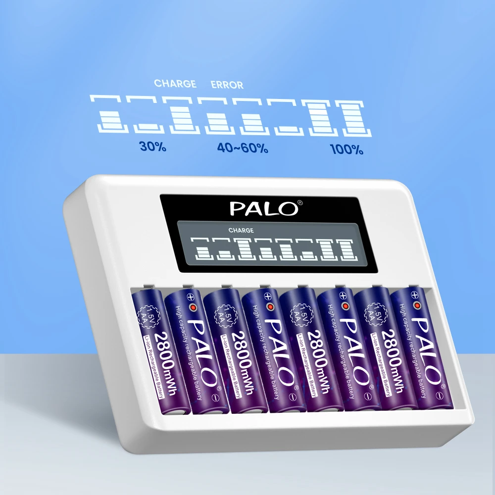 Caricabatteria ricaricabile PALO 1.5 V AA AAA caricabatterie intelligenti veloci a 8 slot per batterie agli ioni di litio da 1.5 volt 2A 3A