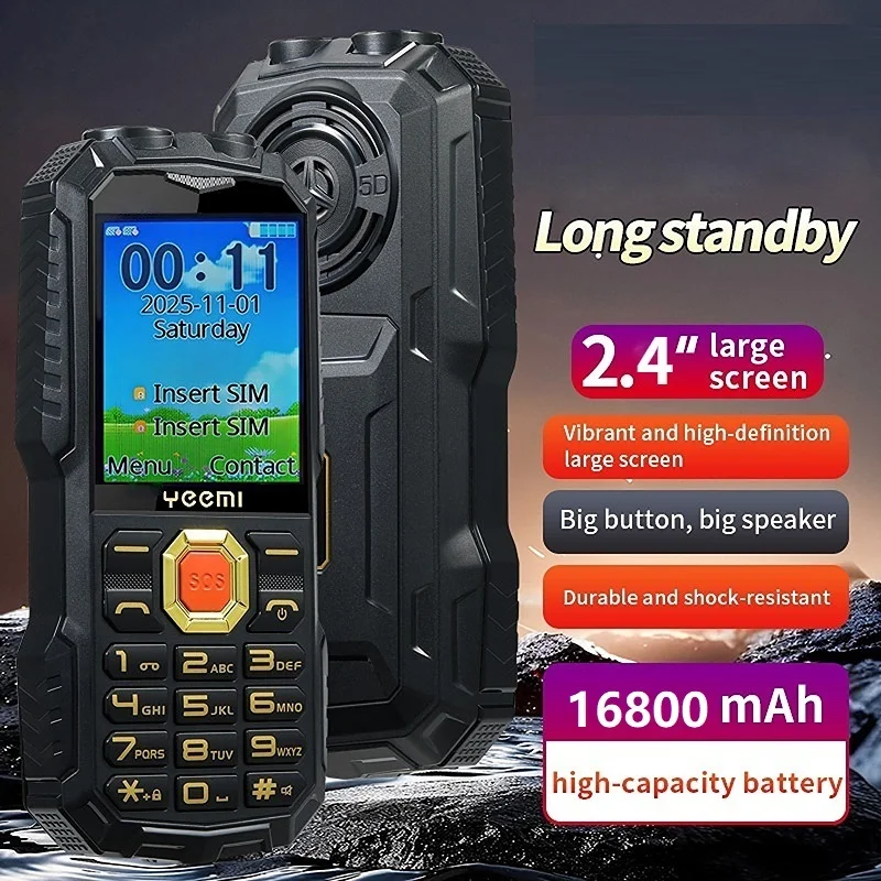 2G Rugged Phone Flashlight Mobile Phone Shockproof Outdoor Backup Phone No Apps Simple Cell Phone Big Button SOS Call Low Price