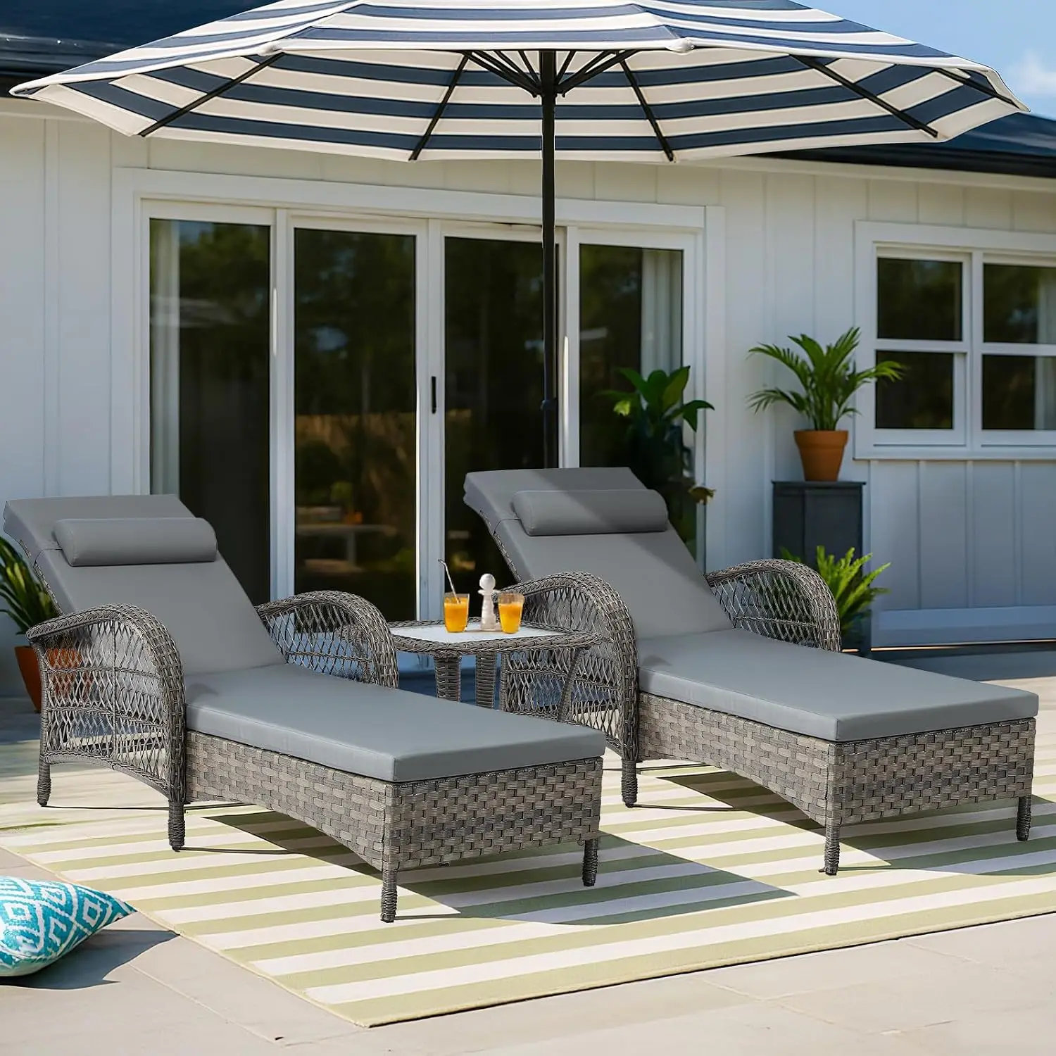 3 Pieces Outdoor Wicker Chaise Lounge Chair Set, All-Weather PE Rattan Cushioned Patio Lounger Set Of 2 With Side, Customized