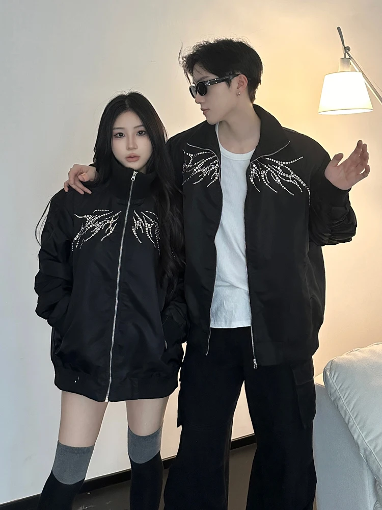 American High Street Men's Baseball Jacket Spring Autumn Design Sense Rivet Wings Cool Pilot Couple Jacket Loose Fit Turn-Dow...