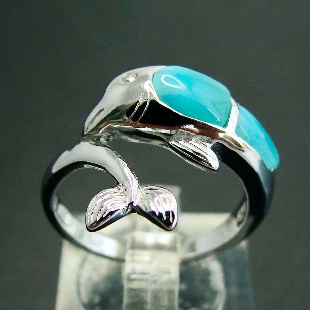 Cute Dolphin Tail Rings Natural Larimar Gemstone Woman Rings In Real 925 Sterling Silver Fine Jewelry