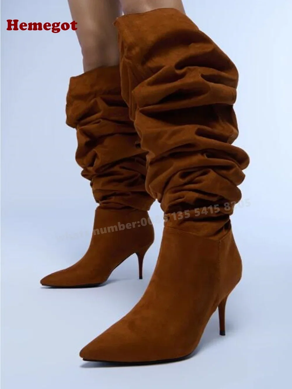 

Tan Faux Suede Slouch Boots Pleated Over The Knee Pointed Women's Long Boots Stiletto Heels Solid Winter Shoes Casual Warm