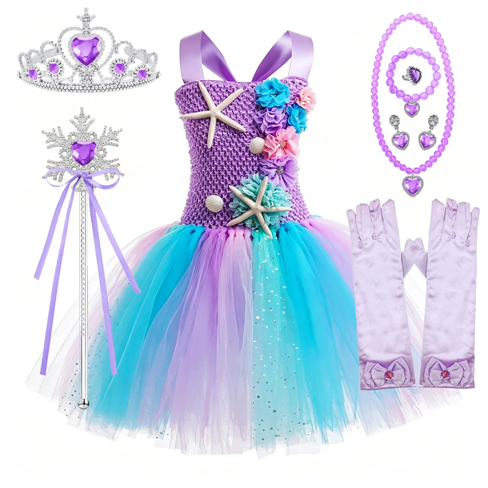 Niedliches, lila Kleid im Meerjungfrauen-Stil mit Spaghettiträgern für Mädchen, mit Zauberstab, Krone, Halskette und Haarreif – ideal als Halloween- oder Geburtstagsgeschenk. – Detail 7