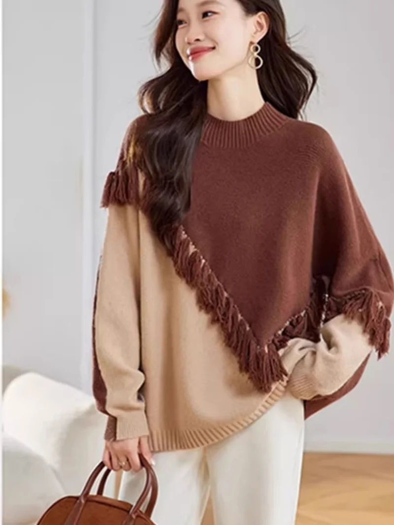 Sweater For Women Spring Autumn Winter Color Blocked Tassel Design, Loose Knit Round Neck Pullover Short Base Top w1505