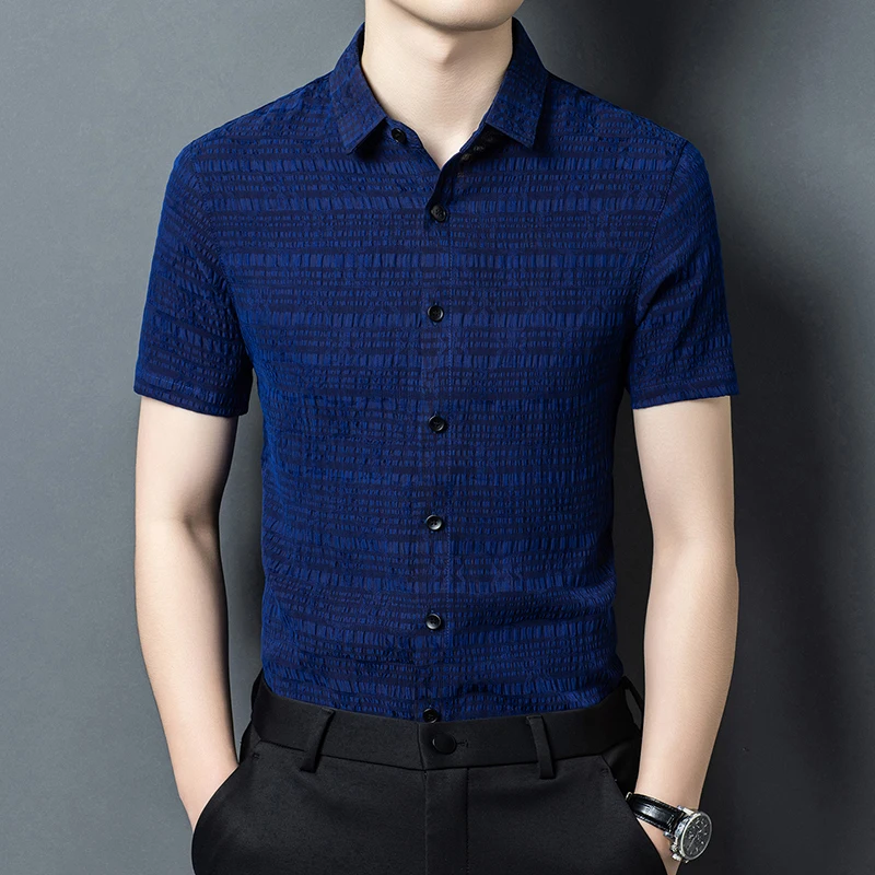 Geniune Silk 100% Blue Shirts For Men Short Sleeve Skin-Fiendly Summer Quality Gambiered Canton Gauze Softness Camisas De Hombre