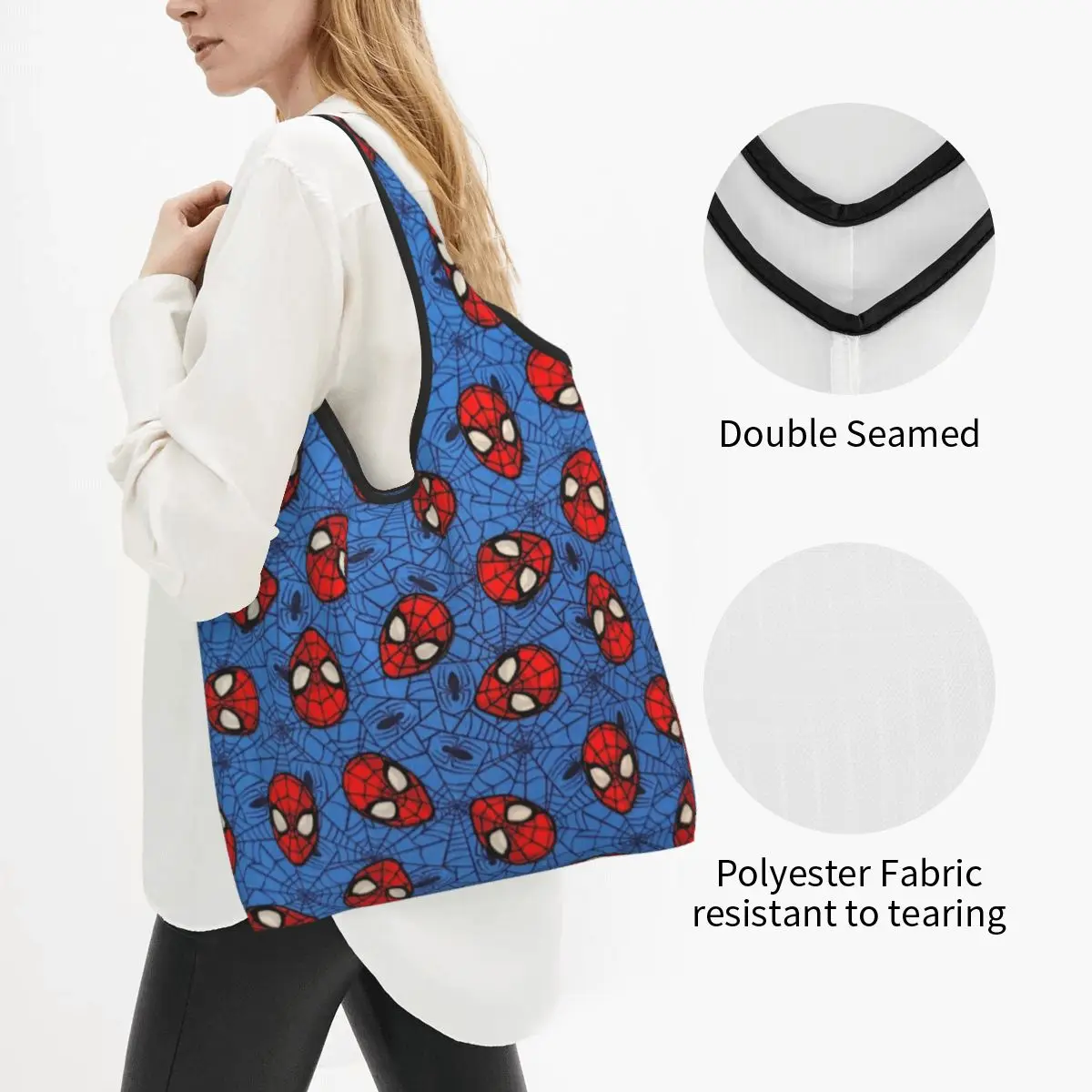 Custom Cute Printed Spider Man Face Toss With Web On Blue Quilt Shopping Tote Bag Portable Shoulder Shopper Handbag