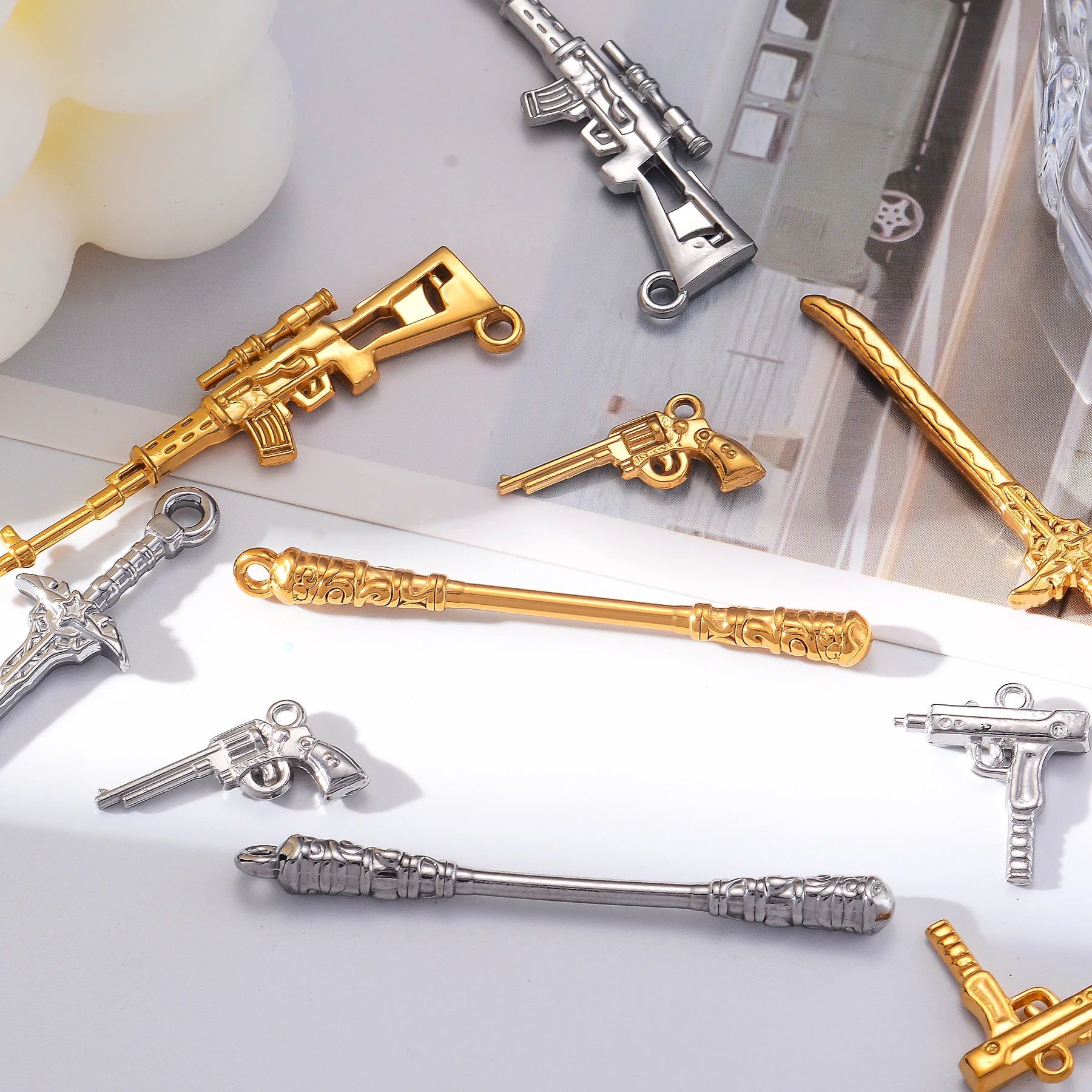 5pcs Vintage Stainless Steel Simulation Gun Pistol Shape Charm Pendant DIY Necklace Keychain Jewelry Making Craft Accessories view 6