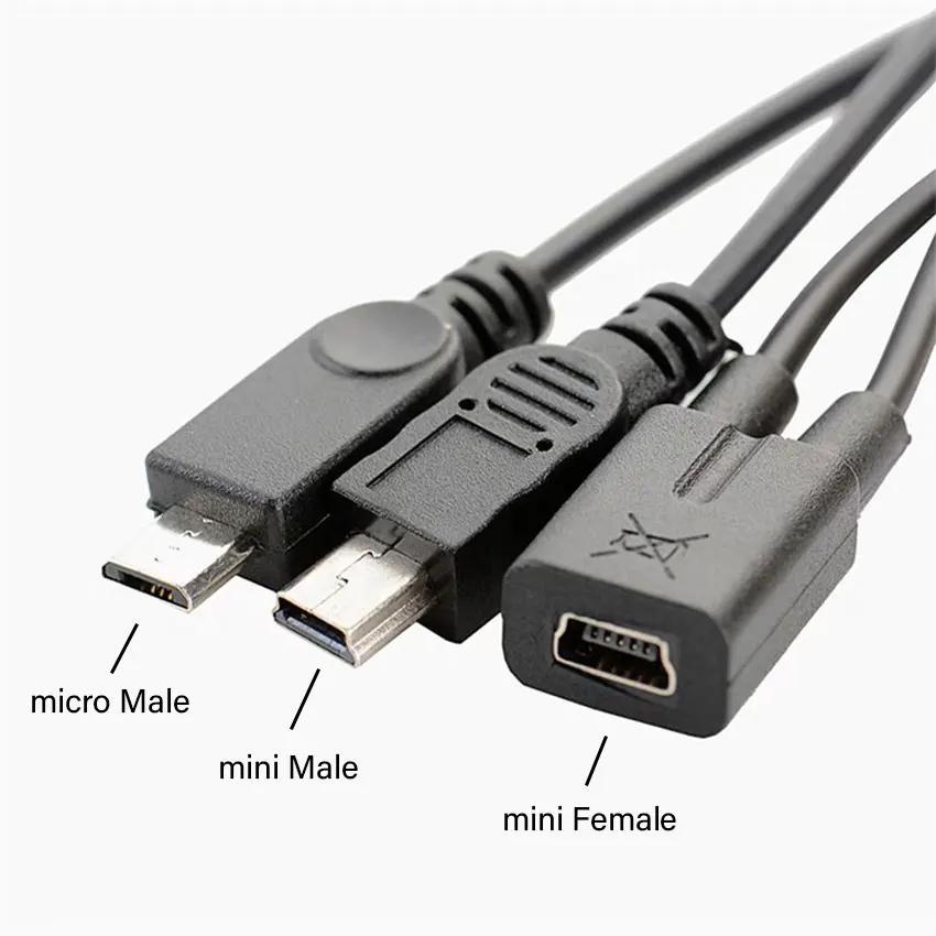 Mini USB 5Pin Female to mini usb 5pin male + micro USB male Y Splitter 1 to 2 Converter Charging Cable 30CM