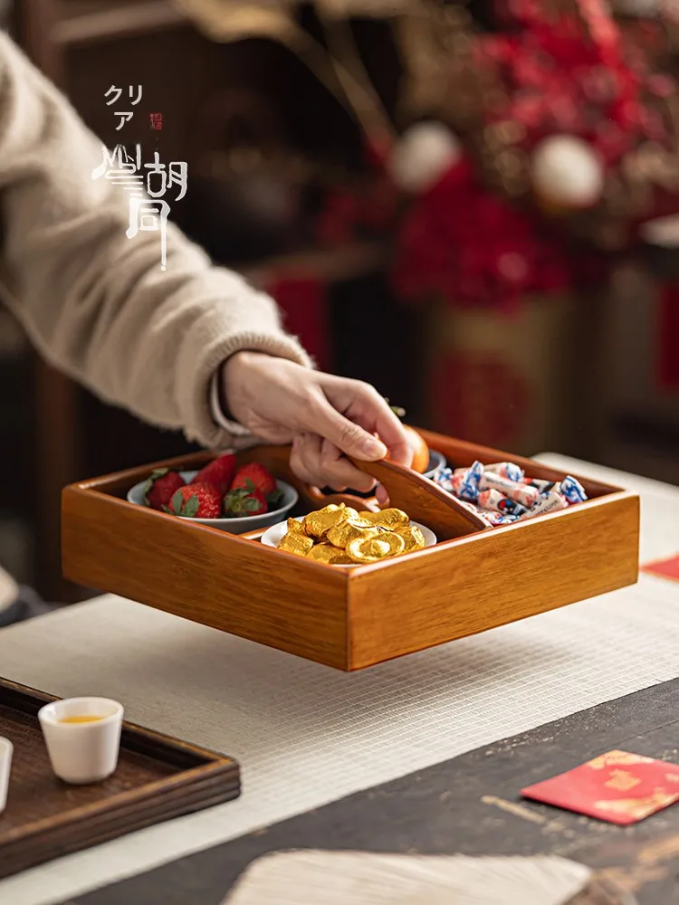 

Ретро-деревянный портативный поднос для чая и закусок, коробка для хранения, новогодняя корзина для конфет и фруктов, традиционный китайский предмет ручной работы