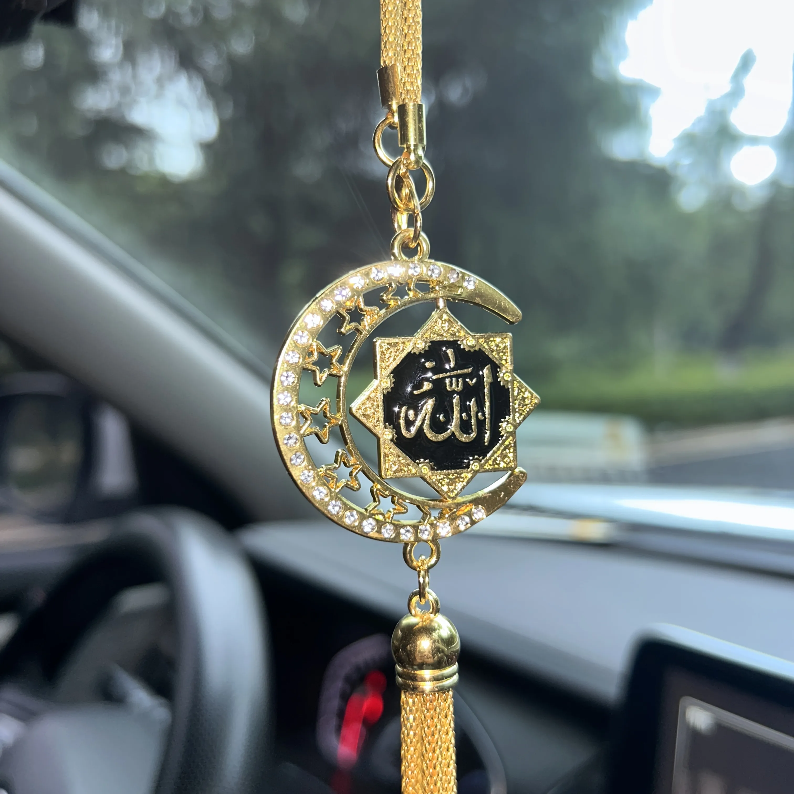

1 Islamic Muslim car hanging ornament - gold Arabic pendant, zinc alloy car pendant double-sided diamond-set star-moon hexagram pendant