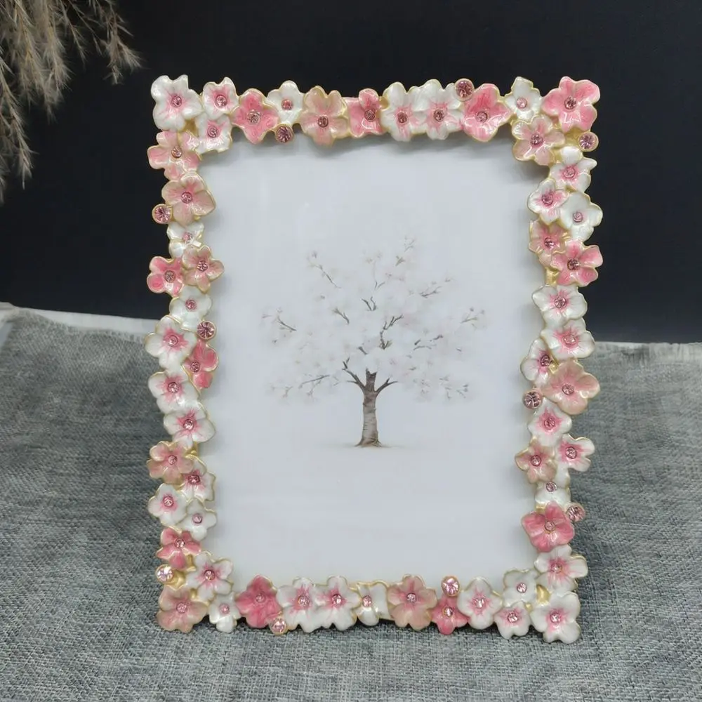 Luxury Metal Photo Frame 3D Cherry Blossom Desktop Decor Elegant Home Ornament Romantic Gift Picture Holder Craft
