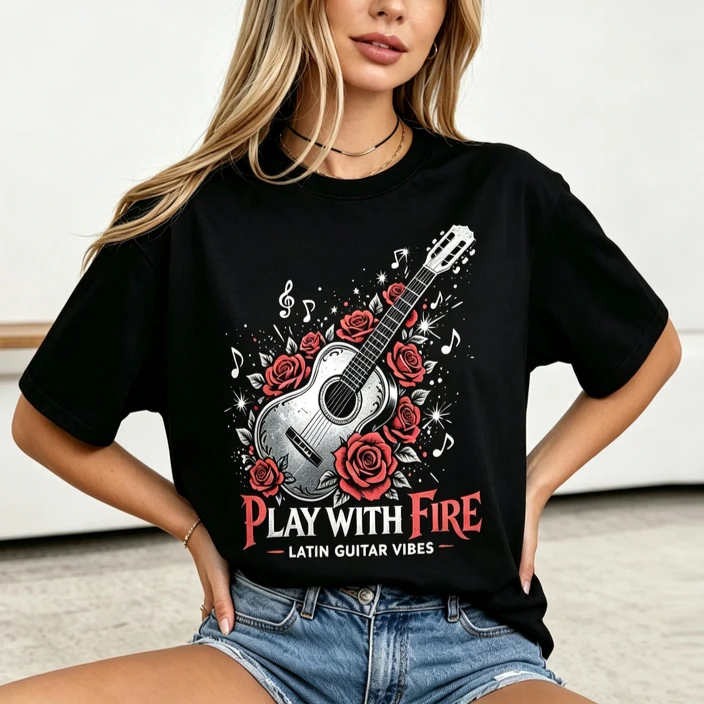 Play with Fire Guitar Rose T Shirt Vintage Latin Guitar Print Casual Short Sleeve Tops for Women Music Lover Gift Y2k Top