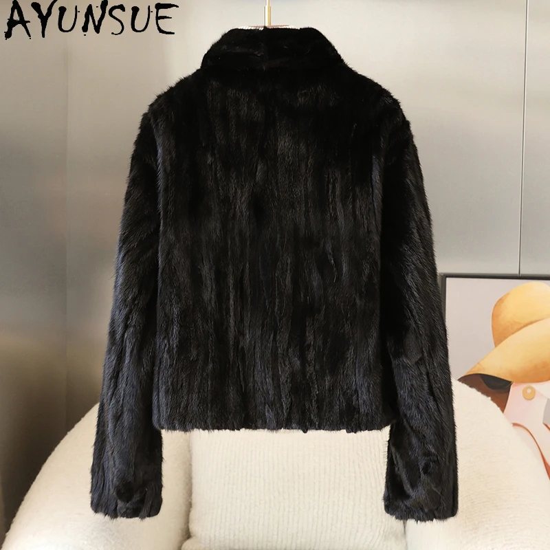 AYUNSUE Natürlicher Nerzpelzmantel, kurzer schwarzer Pelzmantel, Wintermäntel für Damen, Bürokleidung, hochwertige Damenkleidung, Servies Jegavera