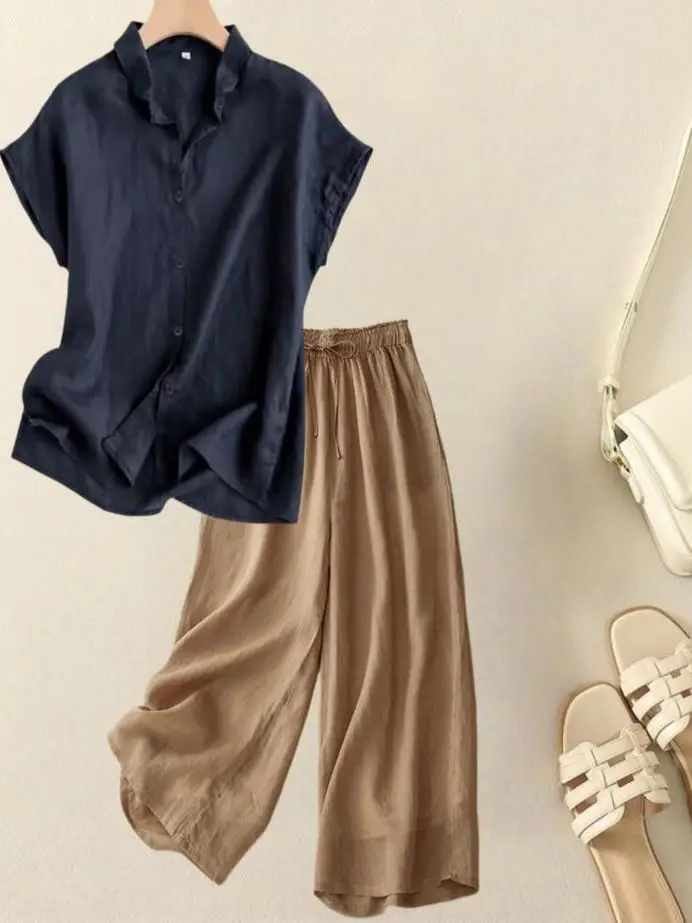 Conjunto de dos piezas de lino y algodón para mujer, color puro, ort Sve irt, verano 2025, nuevo Sle Fly Sve