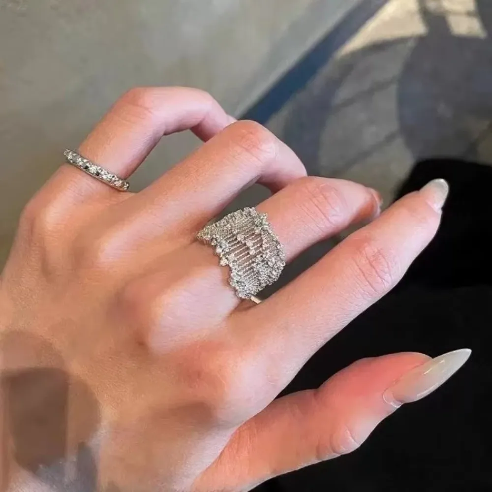Adjustable Openwork Rhinestone Ring Rhinestone Openwork Setting Stacking Fashion Ring Palace Style Silver Tone Index Finger Ring