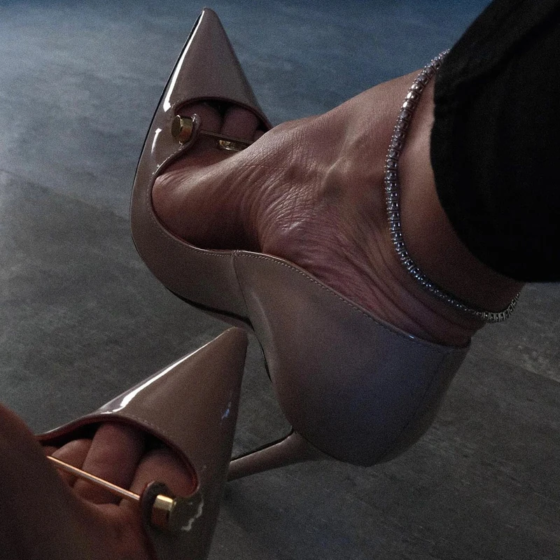 New Gold Metal Decoration Women High Heel Shoes Black Nude Patent Leather Pointed Toe Studded Button Shallow Party Shoes Size45