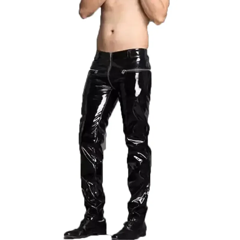 Men\'s Black Patent Pu Leather Pants Skinny Shiny Reflective Stretchy  Streetwear Trousers Motorcycle Trousers Biker\'s Pants 2023