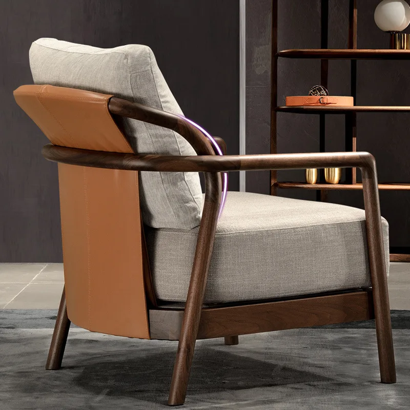 

North American Black Walnut Sofa Chair Single Armchair Napa Leather Leisure Chair Italian Minimalist Tiger Chair