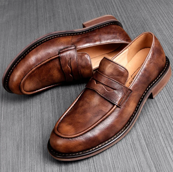 LIHUAMAO Grade A Men's Casual Dress Penny Loafers Slip On Shoes British Style Round Toe Business Footwear Outdoor