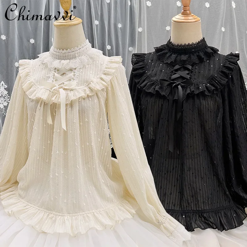 

Vintage Lolita Blouse Elegant Women Sweet High Collar Ruffle Lace Bandage Tops Autumn Female Gothic Long Sleeves Loose Shirts