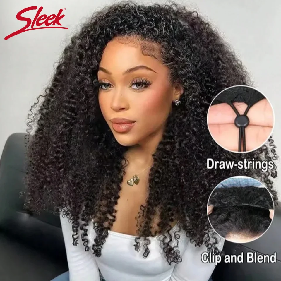 Sleek Afro Burmese Kinky Curly Half Wig Human Hair No Lace No Glue 3 In 1 Drawstring Seamless Flip Over Daily Use Wig For Women