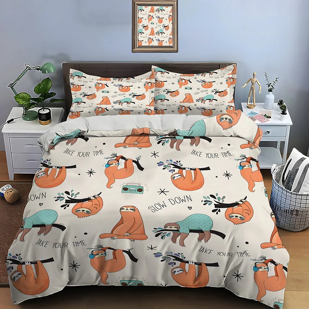 Relaxed animal-themed illustrations Pattern Duvet Cover Set Digital Print Polyester Bedding with Zipper Closur for kids gifts